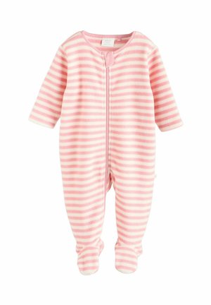 Pyjamas rayés roses avec fermeture éclair à l'avant, manches longues, design pied-de-poule et tissu doux et pelucheux pour le confort.