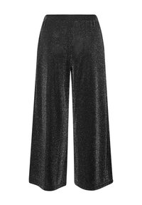 Svarta vidbenade capribyxor gjorda av ett glansigt material, med elastisk midja och en strukturerad yta.