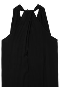 Schwarzes ärmelloses Oberteil mit einem Halsbanddesign, das eine geknotete Detail und einen glatten, leichten Stoff mit einer drapierten Silhouette aufweist.