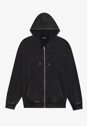 Schwarze Denim-Hoodie mit Reißverschluss, Kapuze mit Kordelzug und Fronttaschen. Weiche Textur und lässige Passform mit gerippten Bündchen und Saum.