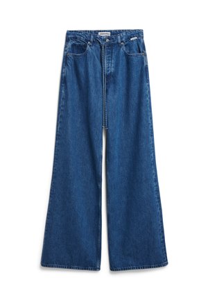 Weite blaue Denim-Jeans mit hoher Taille, fünf Taschen und Reißverschluss. Hergestellt aus strapazierfähigem Baumwollmix mit Ausbleichungen.