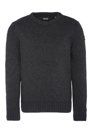 Pull en maille gris foncé avec manches longues, poignets et ourlet côtelés, et boutons sur l'épaule près de l'encolure ronde.