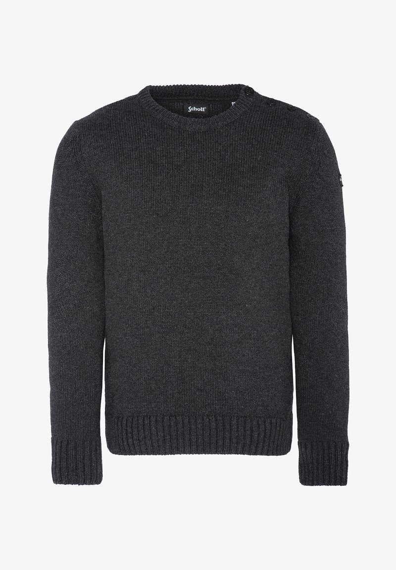 Pull en maille gris foncé avec manches longues, poignets et ourlet côtelés, et boutons sur l'épaule près de l'encolure ronde.
