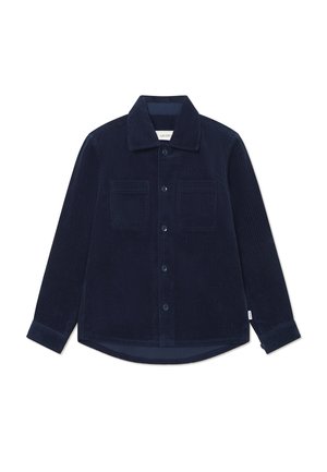 Chemise en velours côtelé bleu marine avec fermeture à boutons, deux poches poitrine, col et manches longues. Tissu texturé avec une doublure intérieure lisse.