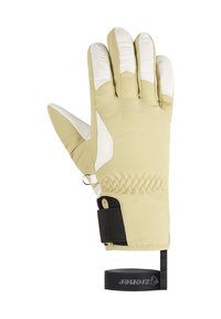 Beige insulated glove with white leather accents, elastic wrist, black strap, and hook. Features stitched seams and textured grip areas.
