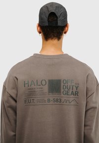 Grå långärmad sweatshirt med tryckt grafik på ryggen med grön text och designelement, tillverkad av mjukt bomullsmaterial.
