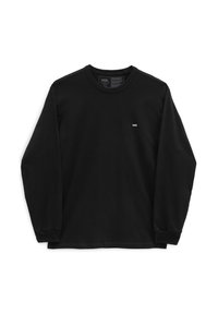 Tricou negru cu mâneci lungi, din bumbac, cu guler rotund din material elastic, având un mic logo alb Vans pe pieptul stâng. Textură netedă.