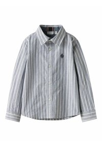 Camicia a maniche lunghe, blu chiaro e bianca, a righe verticali, con colletto e piccolo logo ricamato sul lato sinistro del petto.
