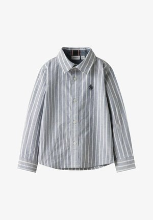 Heledsinine ja valge pikakäistega triibuline särgipluus nööpidega, krae ja väike tikandiga logo vasakul rinnal.