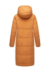 Gevoerde oranje jas met capuchon, voorzien van een gewatteerd design, lange mouwen en een rechte snit; gladde, glanzende textuur.