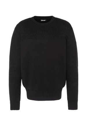 Pull noir à manches longues avec col rond, motif en maille texturée sur le haut de la poitrine et les manches, poignets et taille côtelés.