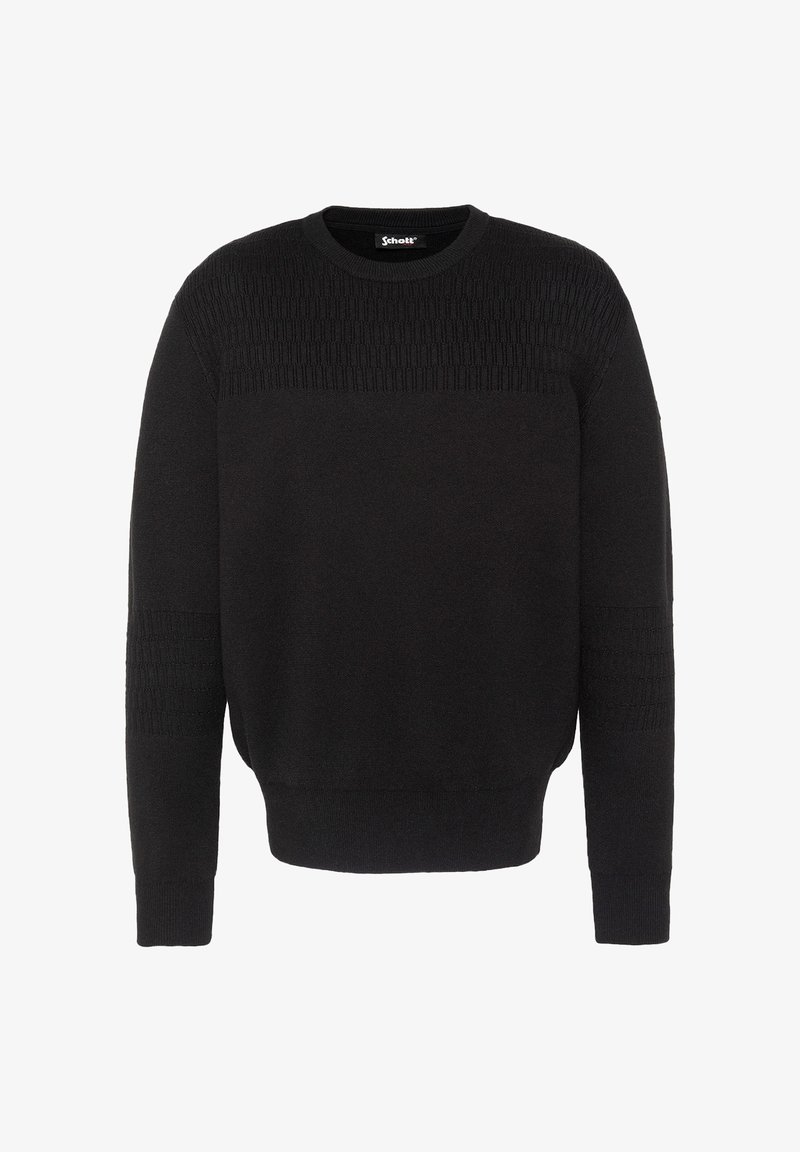 Pull noir à manches longues avec col rond, motif en maille texturée sur le haut de la poitrine et les manches, poignets et taille côtelés.