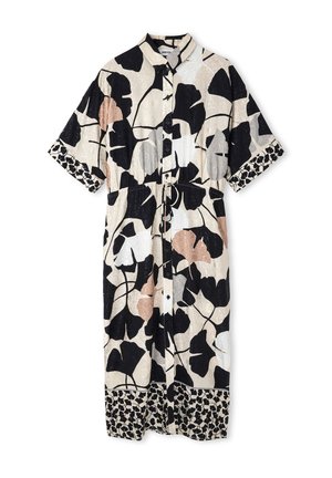 Vestido botonado con un patrón floral en negro, blanco y beige, mangas cortas, cintura ajustada con cordón y diseño de dobladillo en contraste.