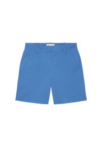 Blå bomuldsshorts med en lige pasform, der har to sidelommer og et synligt mærke på linningen. Glat tekstur.