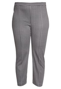 Pantaloni a scacchi bianco e nero, con tessuto liscio, vestibilità slim e design alla caviglia con vita piatta.