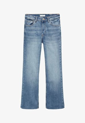 Jasnoniebieskie dżinsy w fasonie prostym, z szerokimi nogawkami. Wyróżniają się delikatnym efektem przetarcia, klasycznym stylem pięciu kieszeni oraz zapięciem na guzik z przodu.