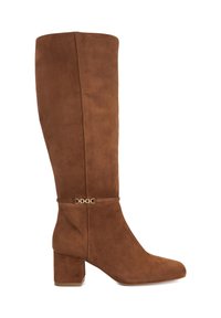 Brown suede knee-high boots with a block heel and gold-tone accent chain detail. Features a pointed toe and smooth texture.