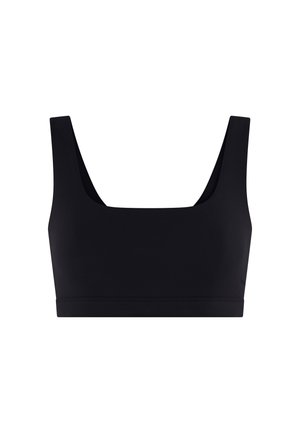 Reggiseno sportivo nero con spalline larghe e scollo quadrato, progettato per attività atletiche o uso casual.