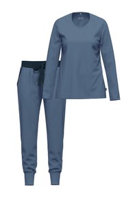 Niebieski zestaw składający się z długiego rękawa i spodni dresowych. Wykonany z miękkiego materiału, z elastyczną talią i sznurkiem do regulacji. Prosty design, bez widocznych wzorów.
