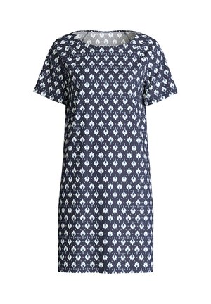 Korte mouw jurk gemaakt van marineblauwe stof met een bloemenpatroon in lichtblauw en wit. Heeft een losse pasvorm en een afgeronde halslijn.