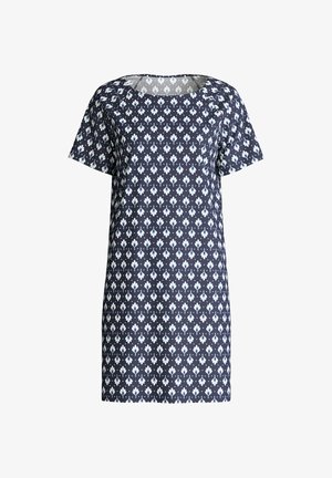 Korte mouw jurk gemaakt van marineblauwe stof met een bloemenpatroon in lichtblauw en wit. Heeft een losse pasvorm en een afgeronde halslijn.