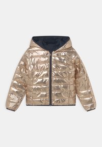 Shiny gold puffer jacket with a hood, quilted texture, zip front, and navy lining. Features logo on the chest and elastic cuffs.