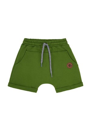 Zielone szorty z elastycznym paskiem, podwiniętymi mankietami, przednimi kieszeniami, paskiem ściągającym w paski oraz okrągłą brązową naszywką po prawej stronie.