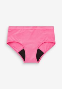 Mutande di cotone rosa con una texture liscia, caratterizzate da pannelli laterali neri e una cintura larga. Taglio classico della mutanda con un design minimale.