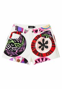 Valkoiset shortsit, joissa on rohkeita, värikkäitä pyöreitä kuvioita punaisena, vaaleanpunaisena, mustana, vihreänä ja violetina. Shortsissa on etutaskut ja nappikiinnitys.