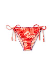 Bikiny v jasně červené barvě s květinovým vzorem. Obsahují boční vázání a volánkové lemy. Vyrobeny z hladkého, elastického materiálu pro maximální pohodlí.