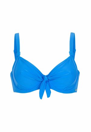 Blå bikiniöverdel med knuten frontdesign. Har justerbara axelband och ett slätt, stretchigt tyg. Inga mönster eller dekorationer.