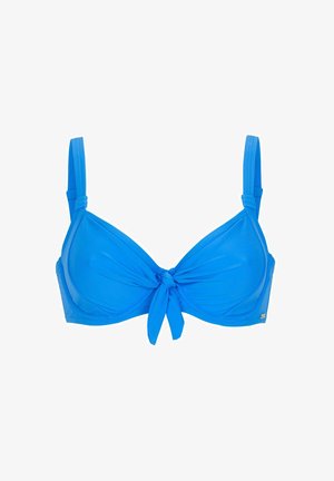 Blå bikiniöverdel med knuten frontdesign. Har justerbara axelband och ett slätt, stretchigt tyg. Inga mönster eller dekorationer.