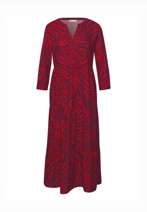 Robe longue à manches longues avec rayures zébrées rouges et violet foncé, décolleté en V et détail de taille froncée.