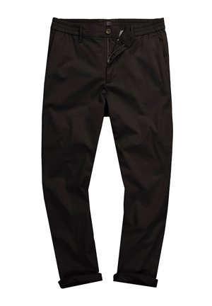 Schwarze, leichte Baumwollhosen mit einem Reißverschluss, Knopfverschluss und elastischem Bund. Mit umgeschlagenen Säumen und einer glatten Textur.