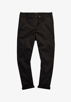Zwarte, lichte katoenen broek met een rits, knoopsluiting en elastische tailleband. Bevat omgeslagen boorden en een gladde textuur.