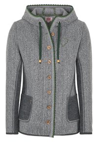 Graue Wolljacke mit Kapuze, grünen Akzenten, Holzknöpfen und strukturiertem Stoff. Sie verfügt über eine Herzstickerei und Fronttaschen.