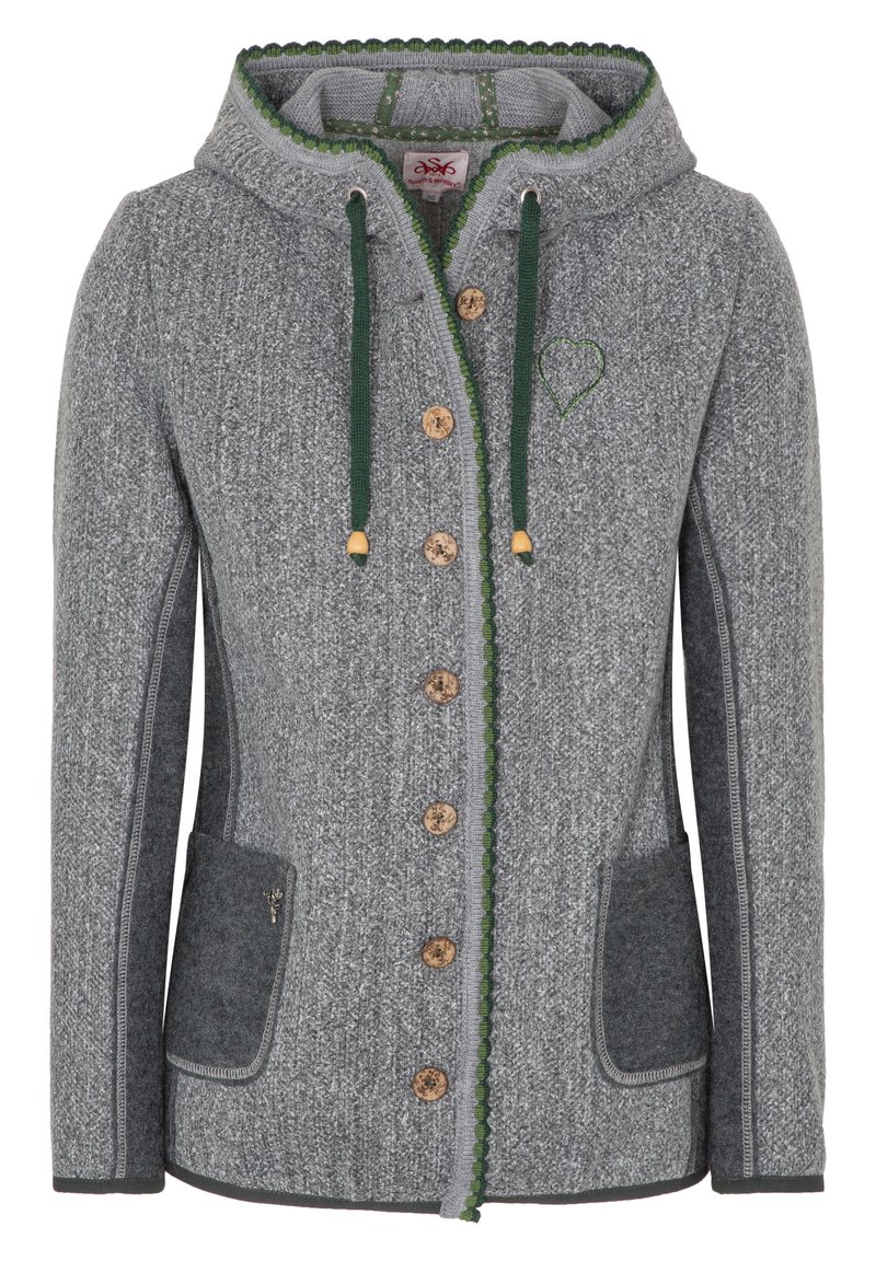 Graue Wolljacke mit Kapuze, grünen Akzenten, Holzknöpfen und strukturiertem Stoff. Sie verfügt über eine Herzstickerei und Fronttaschen.
