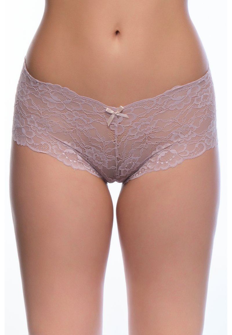 Mutandine hipster in morbido lavanda con motivo floreale, bordi ondulati e un piccolo fiocco in satin al centro frontale.