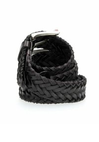 Cintura in pelle intrecciata nera con fibbia metallica argentata. La texture è liscia, con un design intrecciato e una finitura elegante.