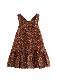 Leopardenmuster-Kleid in Rostfarbe, mit Raffung am Saum, verstellbaren Trägern und Holzknopf-Akzenten.