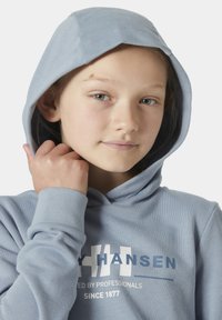 Sudadera azul claro hecha de tela suave, con un logo en el frente y capucha ajustable con cordones, además de puños y dobladillo acanalados.