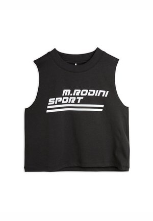 Haut de sport noir sans manches, court, avec col rond côtelé et texte blanc "M. Rodini Sport" ainsi que des rayures à l'avant.
