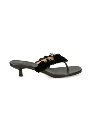 Sandalo nero con tacco basso e cinturino a infradito decorato con paillettes ovali sovrapposte, punta quadrata e logo dorato "Michael Kors" sulla soletta.