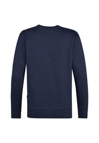 Dunkelblaues Sweatshirt mit gesprenkelter Textur. Hat lange Ärmel, einen Rundhals-Ausschnitt und gerippte Bündchen sowie einen Saum. Einfaches, lässiges Design.