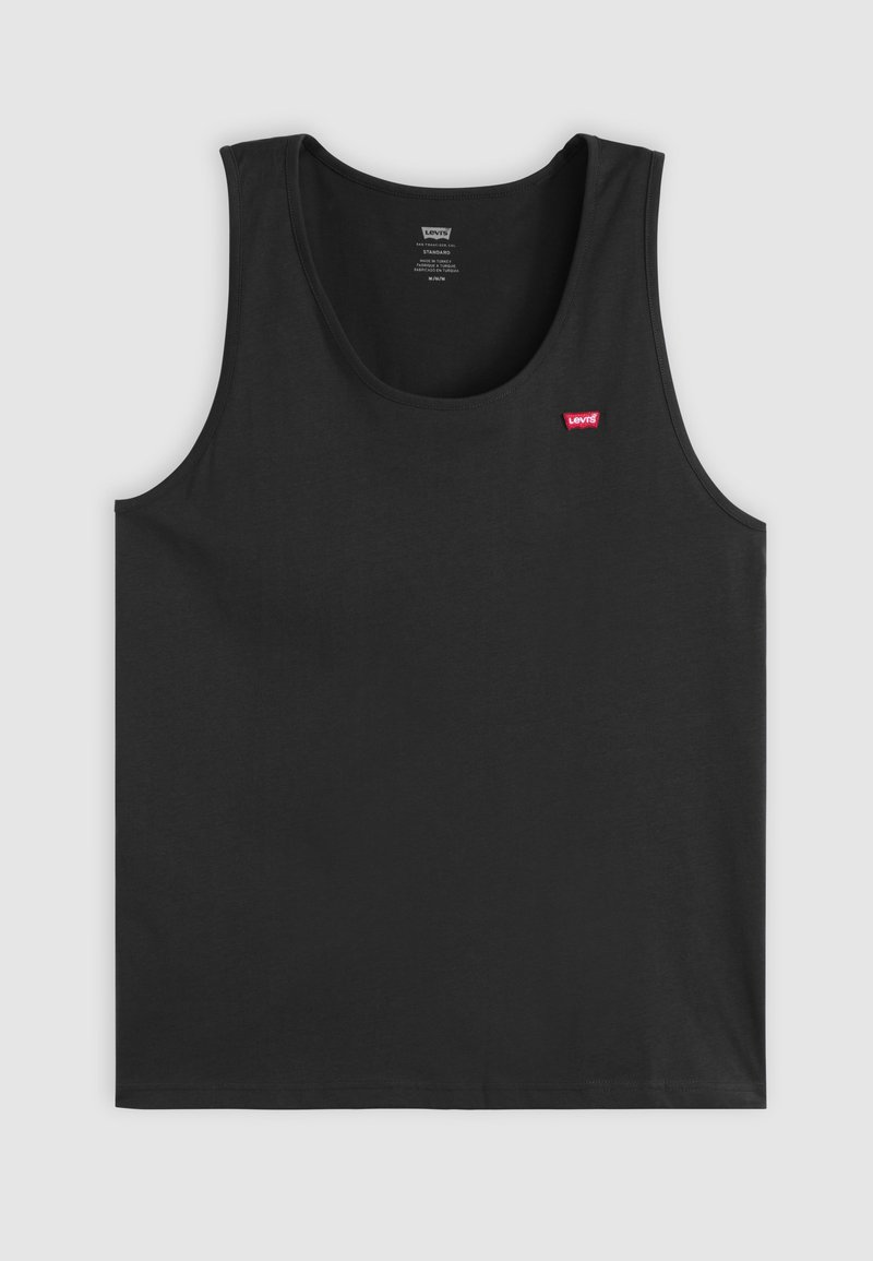 Schwarzes ärmelloses Levi's Top mit Rundhalsausschnitt und kleinem rotem Levi's-Logo auf der linken Brust.
