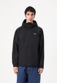 Black hooded jacket with a full zipper, featuring elastic cuffs and a subtle logo on the chest. Smooth, matte fabric with a relaxed fit.