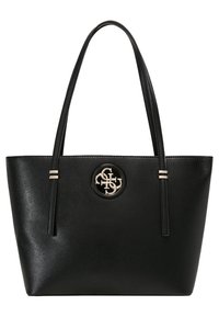 Czarna syntetyczna torba na ramię o gładkiej teksturze, z dwoma długimi uchwytami, akcentami z metalicznego z�łota i okrągłym logo z przodu.