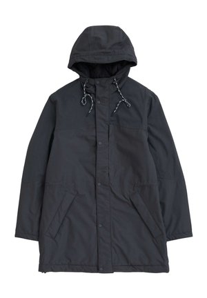 Black, hooded jacket made of textured fabric featuring a snap closure, adjustable drawstring, and two side pockets.