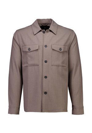 Giacca marrone a maniche lunghe in tessuto strutturato, con collo a risvolto, chiusura con bottoni e due tasche frontali con patta.