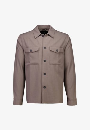 Giacca marrone a maniche lunghe in tessuto strutturato, con collo a risvolto, chiusura con bottoni e due tasche frontali con patta.